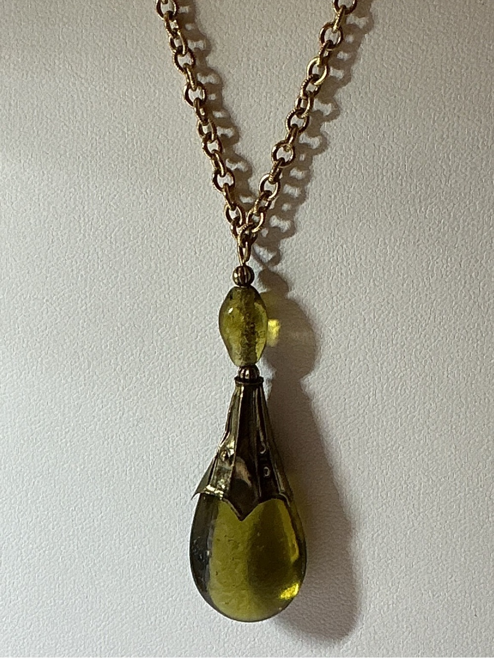 Antique Art Nouveau Lavaliere Pendant Necklace Olive Green Czech Art Glass - Picture 5 of 11